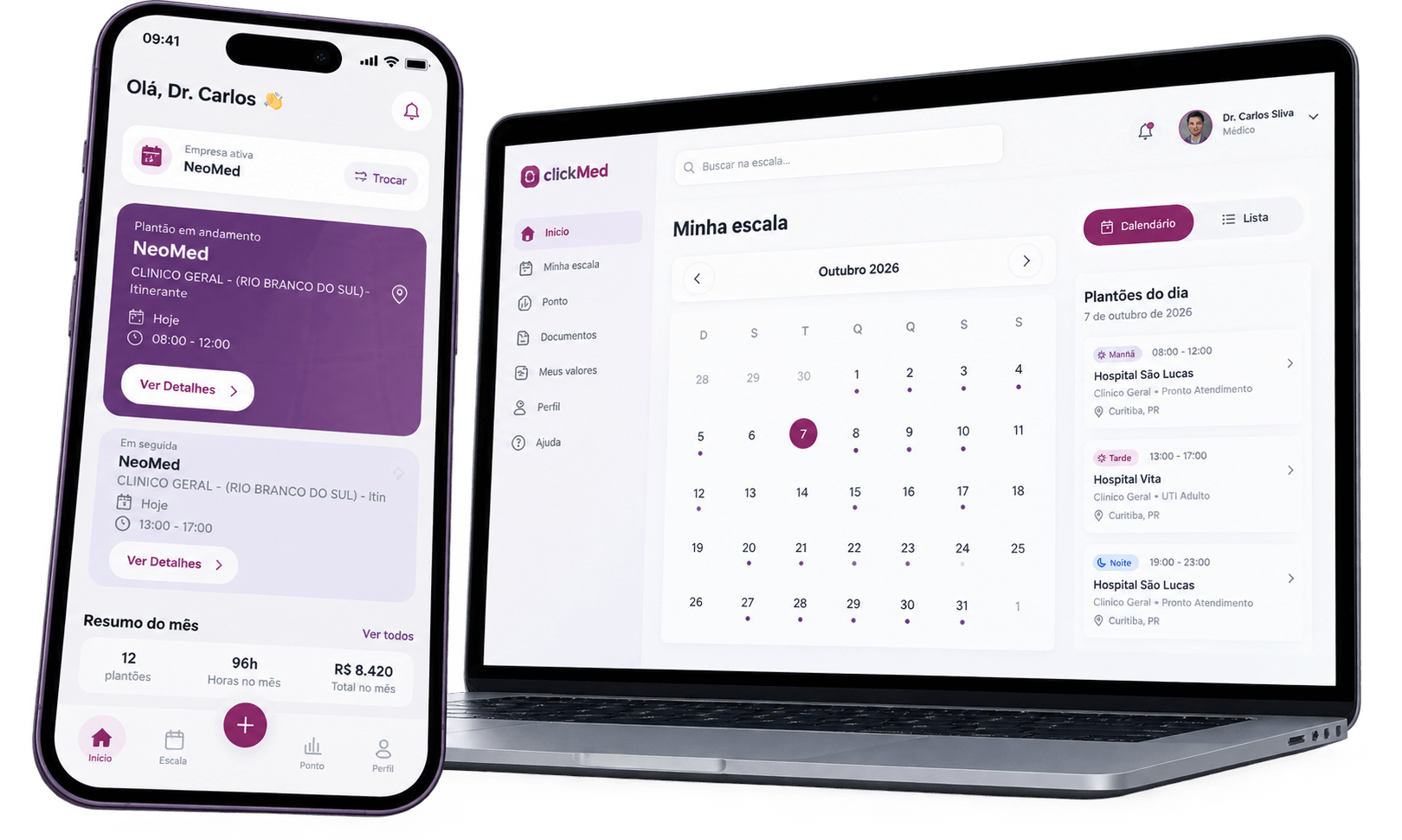 App ClickMed no celular e painel da escala no computador